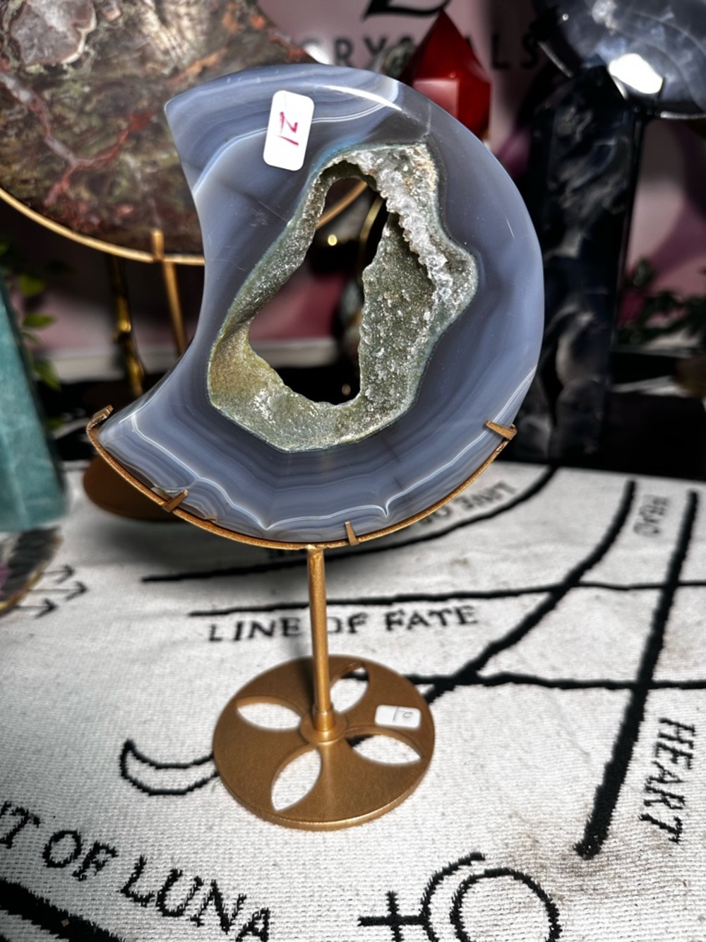 Blue Agate Geode Moon on Gold Stand